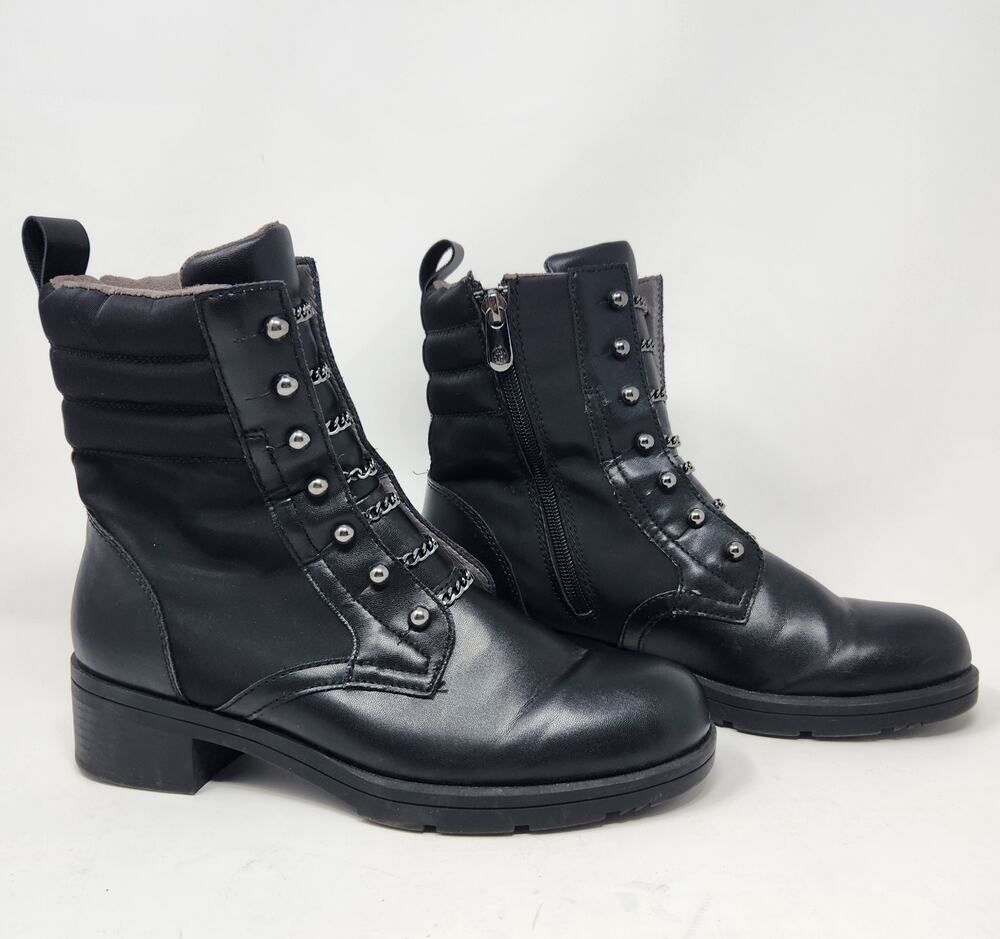 Adrienne Vittadini Womens 7.5 Black Combat Biker Boots Chain Gothic Grunge Punk